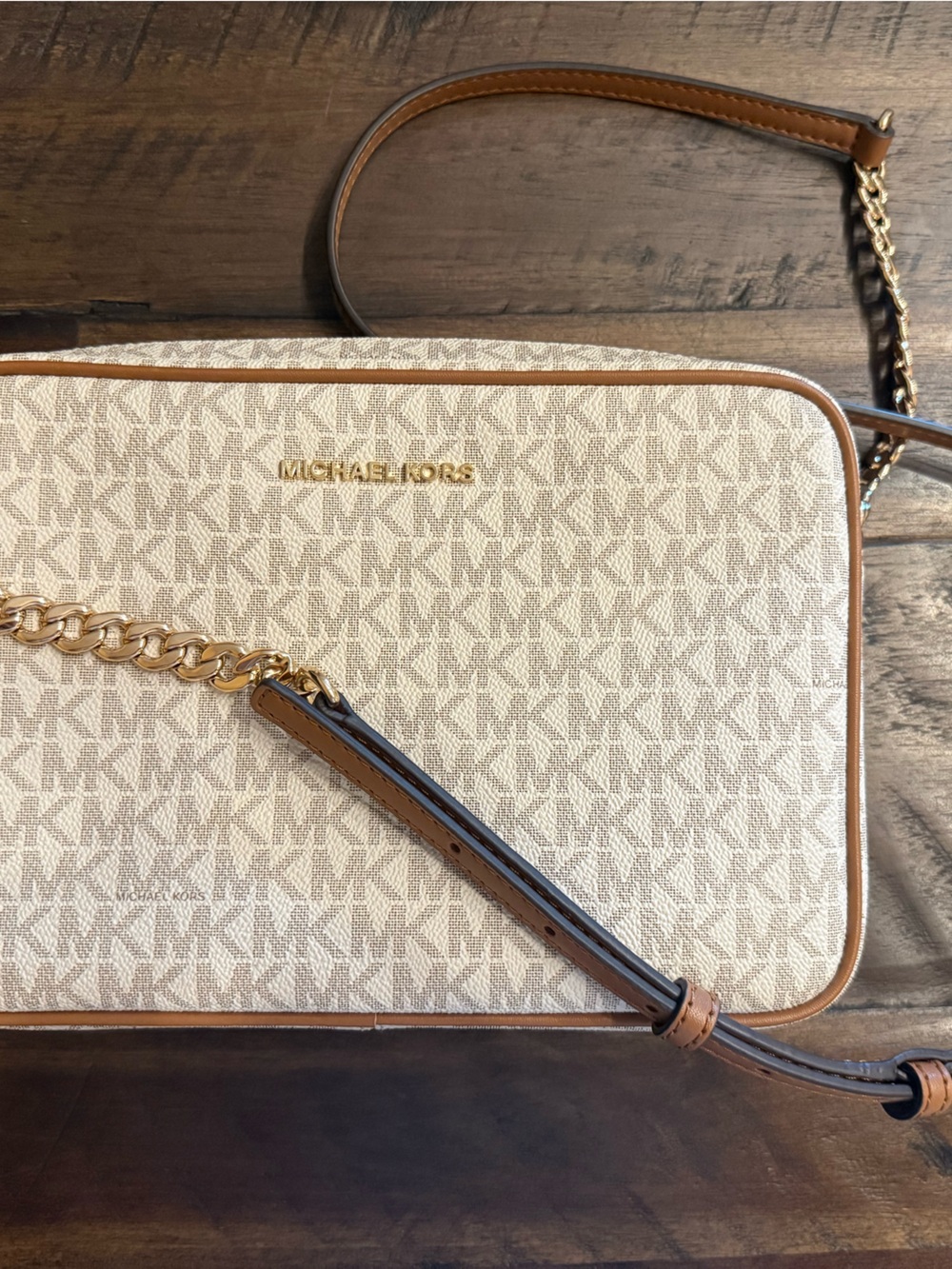 Michael Kors Signature Beige and Brown Crossbody with Gold Hardware